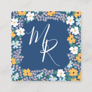 Rosa und gelbe Floral-Rahmen Monogramm Quadratische Visitenkarte