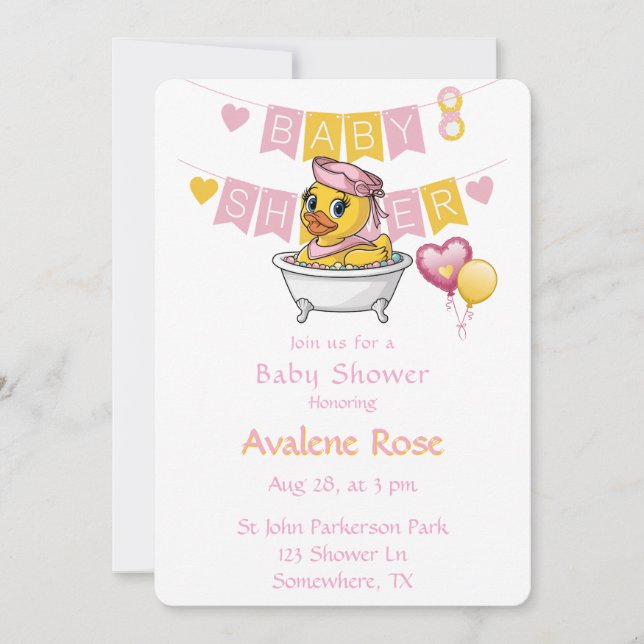 Rosa und gelbe Gummi Duck Girl Babydusche Einladung (Vorderseite)