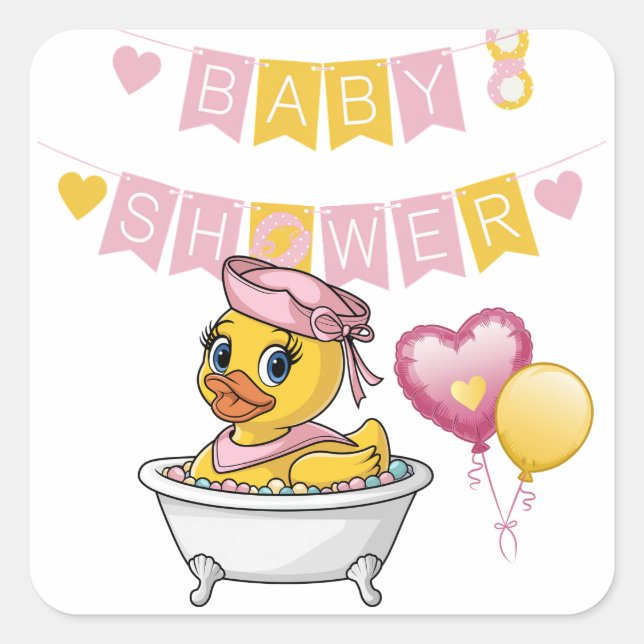 Rosa und gelbe Gummi Duck Girl Babydusche Quadratischer Aufkleber (Vorderseite)