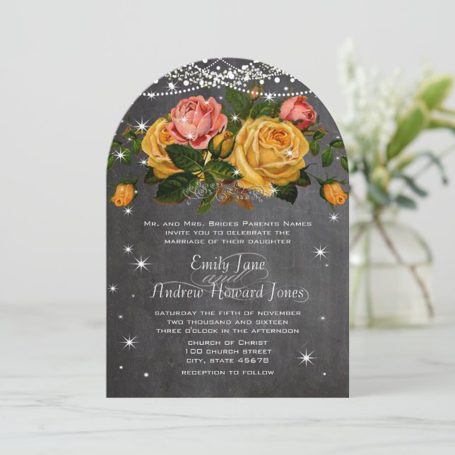 Rosa und gelbe Halbpension Heirloom-Rose Hochzeit Einladung (Stehend Vorderseite)