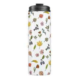 Rosa und gelbe Herbstblumen und Blätter Thermosbecher