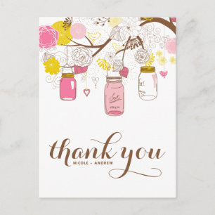 Rosa und gelbe Mason Gläser Blumen Danke Postkarte