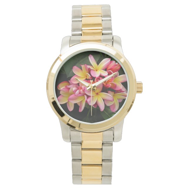 Rosa und gelbe Plumeria-Blume Zweittonuhr Armbanduhr (Vorderseite)