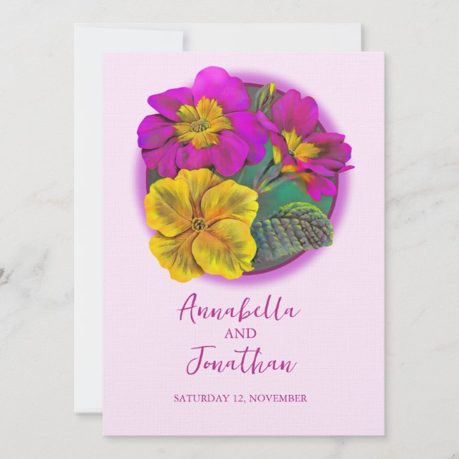 Rosa und gelbe Primrose Frühjahrsheirat lädt ein Einladung (Vorderseite)