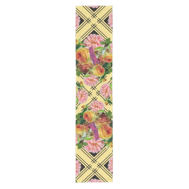 Rosa und Gelbe Rose Trellis Naturdesign Kurzer Tischläufer (Vorderseite)