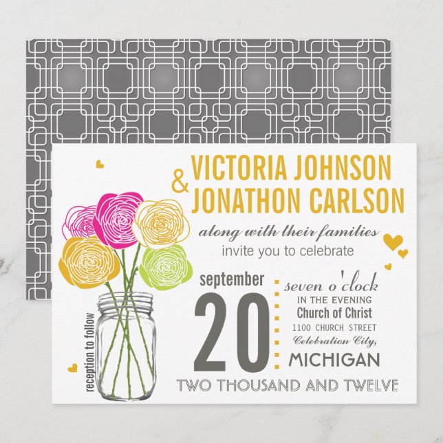 Rosa und Gelbe Rose Typografie Moderne Hochzeit Einladung (Vorne/Hinten)