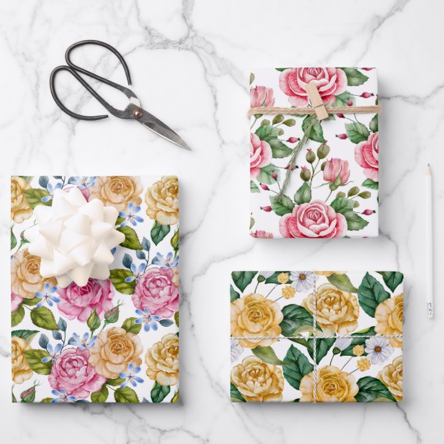 Rosa und Gelbe Rosen Geschenkpapier Set (Vorderseite)