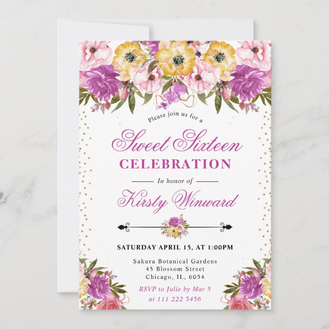 Rosa und gelbe Sommer-Blume 16 . Geburtstag Einladung (Vorderseite)