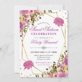 Rosa und gelbe Sommer Blume Goldrahmen Sweet 16 Einladung