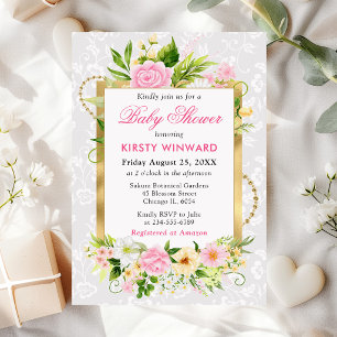 Rosa und gelbe Sommerblumen Goldene Babyparty Einladung