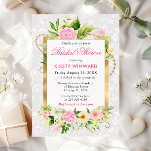 Rosa und gelbe Sommerblumen Goldene Brautparty Einladung