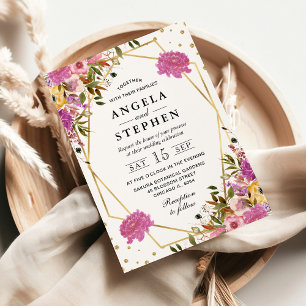 Rosa und gelbe Sommerblumen Goldrahmen Hochzeit Einladung