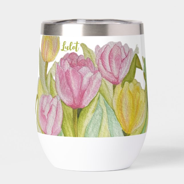 Rosa und gelbe Tulip Wasser Flasche (Rückseite)