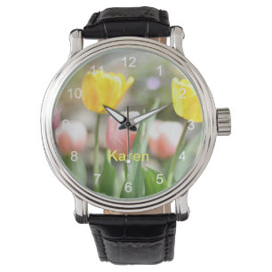 Rosa und gelbe Tulpen Armbanduhr