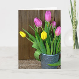 Rosa und gelbe Tulpen in Eimern Karte
