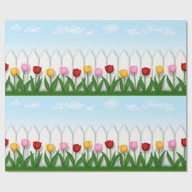 Rosa und gelbe Tulpen Weißer Zaun Geschenkpapier (Flach)