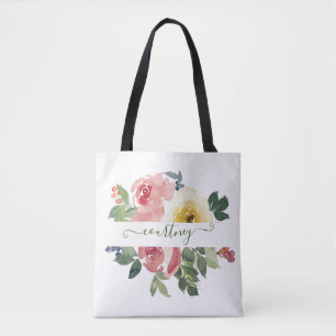 Rosa und gelbe Wasserfarbe floral personalisiert Tasche