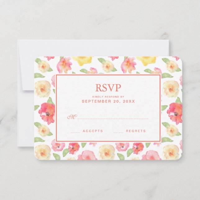 Rosa und gelbe Wasserfarbe - Hochzeitsrottkreuz RSVP Karte (Vorderseite)