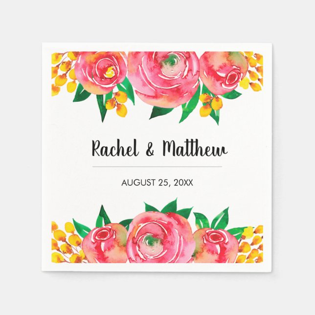 Rosa und gelbe Wasserfarben Blumenzehen Serviette (Vorderseite)