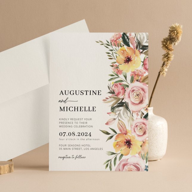 Rosa und gelbe Wasserfarben Frühjahrssonne Einladung (Von Creator hochgeladen)