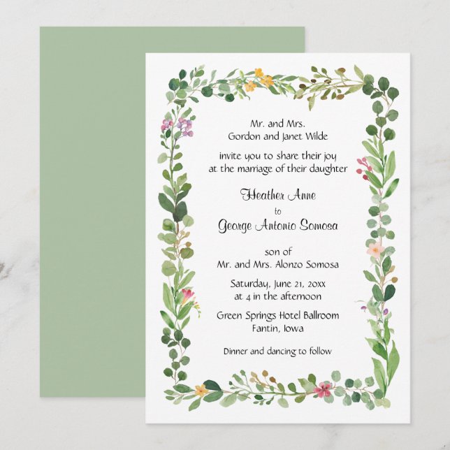 Rosa und gelbe Wildblumen und Grüne Hochzeit Einladung (Vorne/Hinten)
