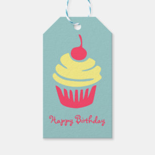 Rosa und gelber Cupcake mit Kirsche oben drauf Geb Geschenkanhänger