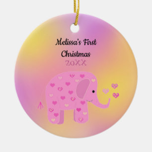 Rosa und gelber Elefant Baby erstes Weihnachten Keramik Ornament