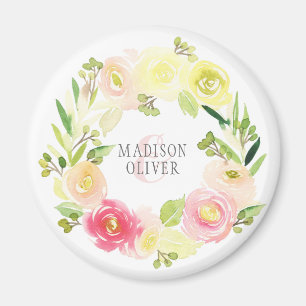 Rosa und gelbes Aquarell-BlumenKranz Wedding   Magnet