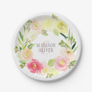 Rosa und gelbes Aquarell-BlumenKranz Wedding   Pappteller