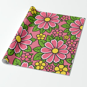 Rosa und gelbes Blumenmuster mit grünen Blättern Geschenkpapier