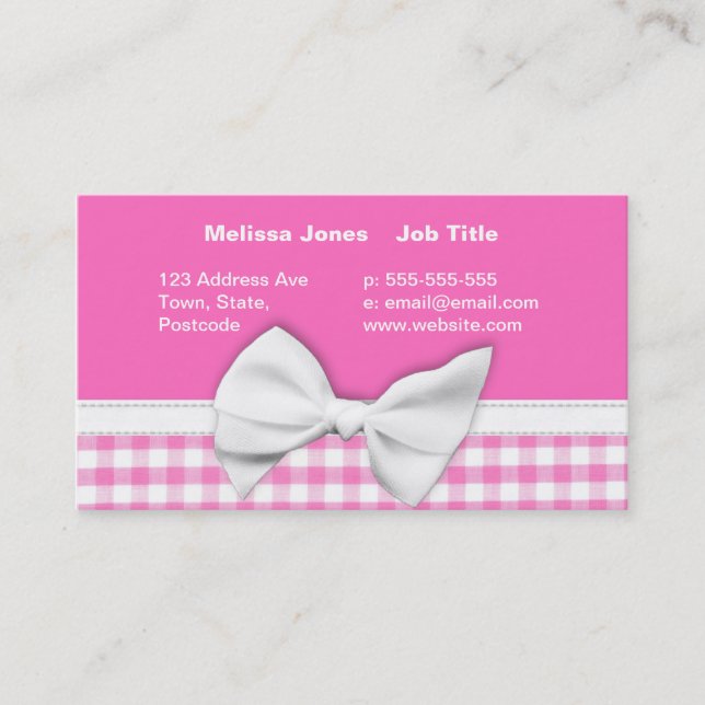 Rosa und girly Gingham mit Bandbogen Visitenkarte (Vorderseite)