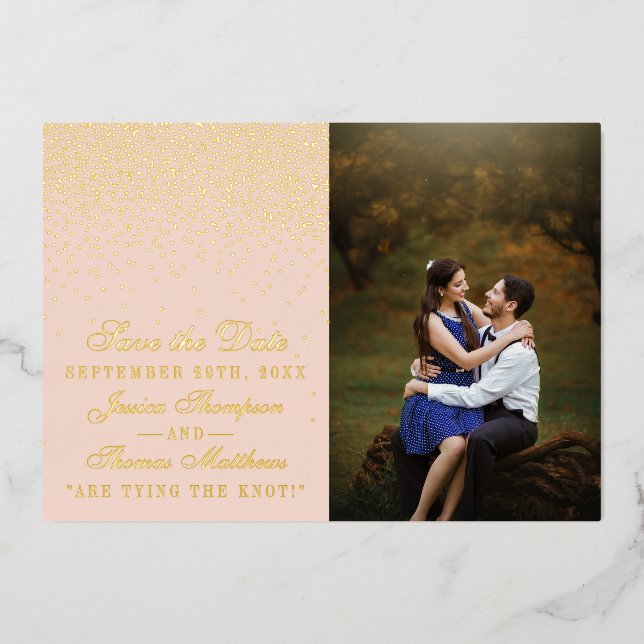 Rosa und Glam Confetti Foto Save the Date Folieneinladung (Vorderseite)