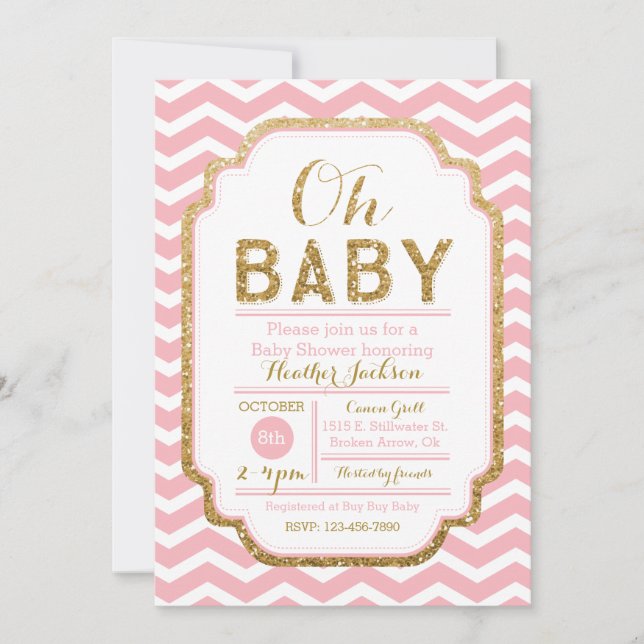 Rosa und Gold Baby Dusche Einladungen, Baby Girl Einladung (Vorderseite)