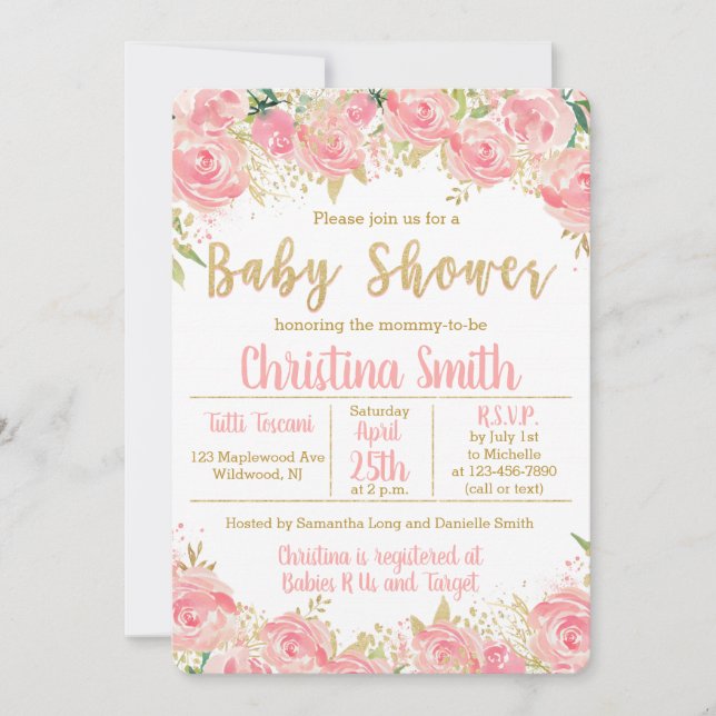 Rosa und Gold Baby Dusche Einladungen für Mädchen (Vorderseite)