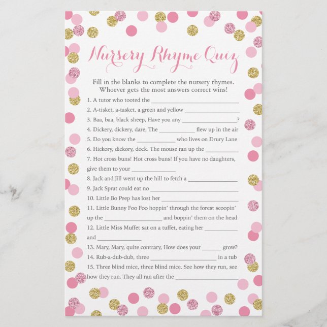 Rosa und Gold Baby Dusche Kinderzimmer Rhyme Quiz (Vorderseite)