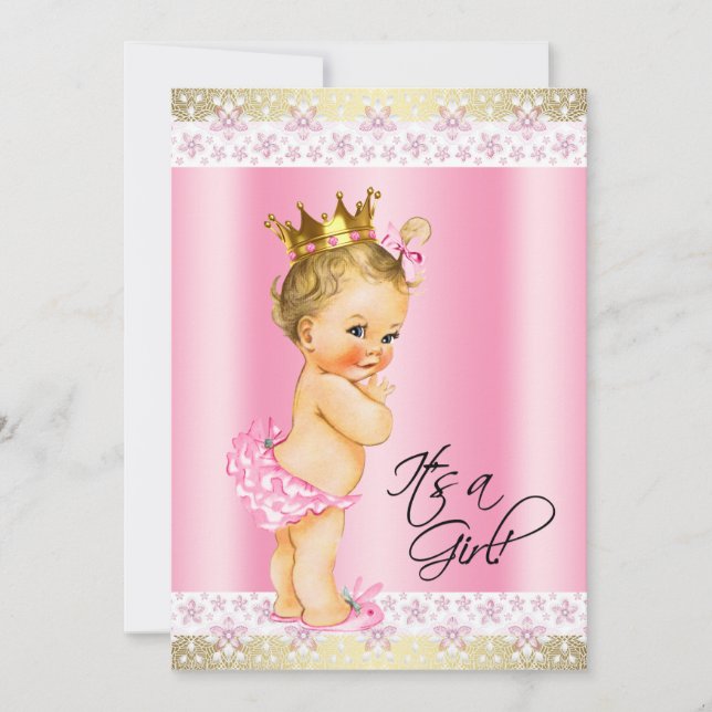 Rosa und Gold Baby Girl Dusche Blonde Einladung (Vorderseite)