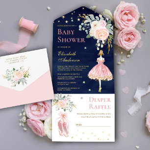 Rosa und Gold Blumen Ballerina Navy Baby Shower All In One Einladung
