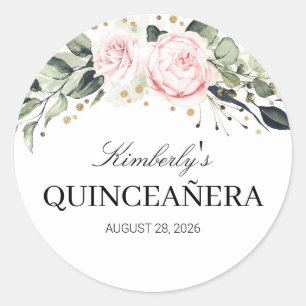 Rosa und Gold BlumenQuinceanera Runder Aufkleber