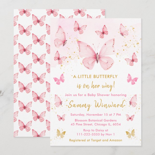 Rosa und Gold Butterfly Baby Dusche Einladung (Vorne/Hinten)