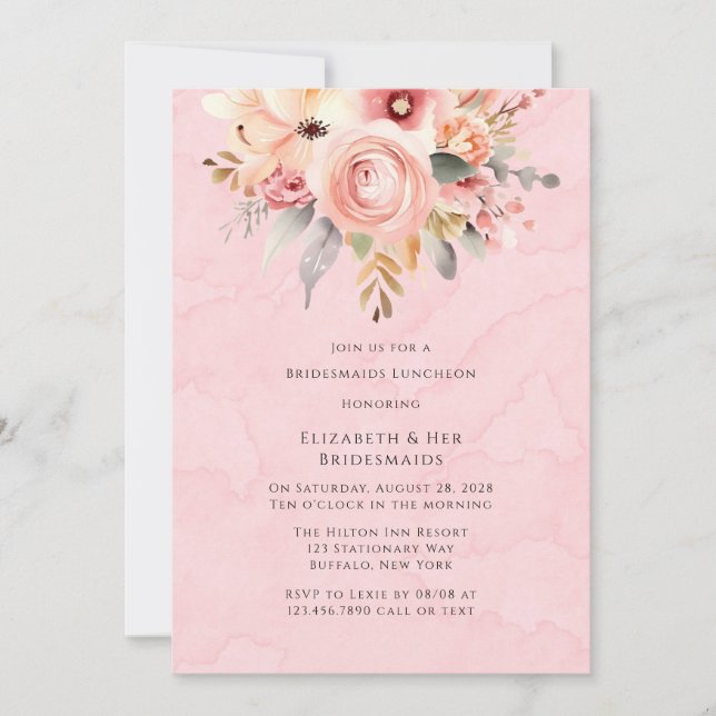 Rosa und Gold Chic Florals Bridesmaids Luncheon Einladung (Vorderseite)