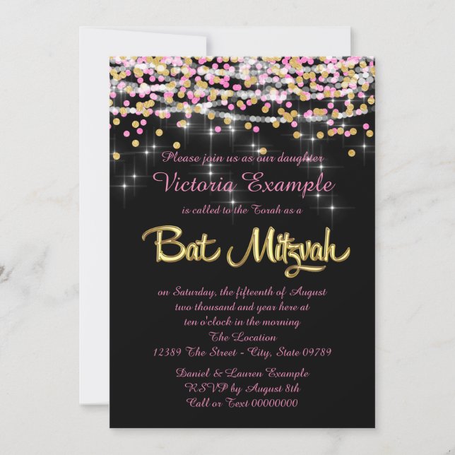 Rosa und Gold Confetti Bat Mitzvah Einladung (Vorderseite)