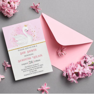 Rosa und Gold Confetti Swan Princess Baby Dusche Einladung