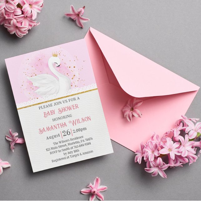 Rosa und Gold Confetti Swan Princess Baby Dusche Einladung (Von Creator hochgeladen)
