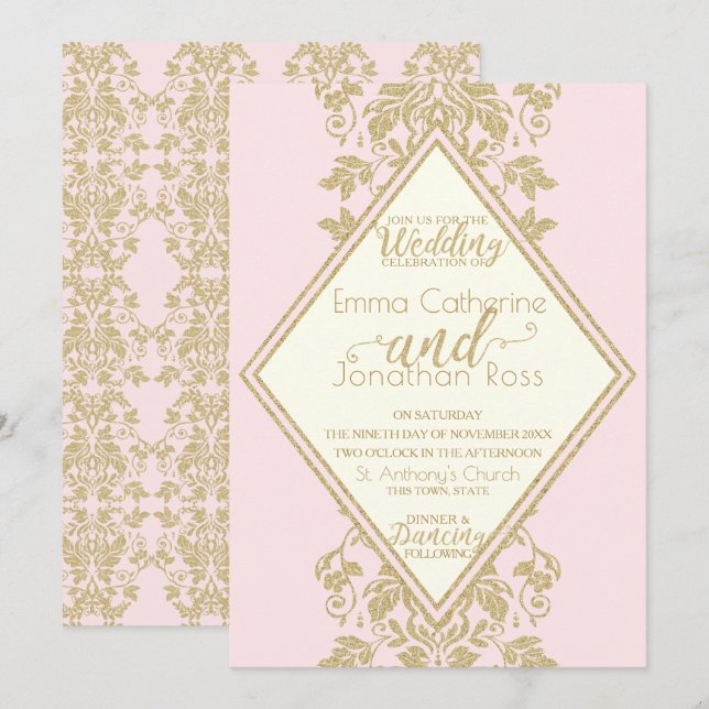 Rosa und Gold Damask Hochzeit Einladung (Vorne/Hinten)