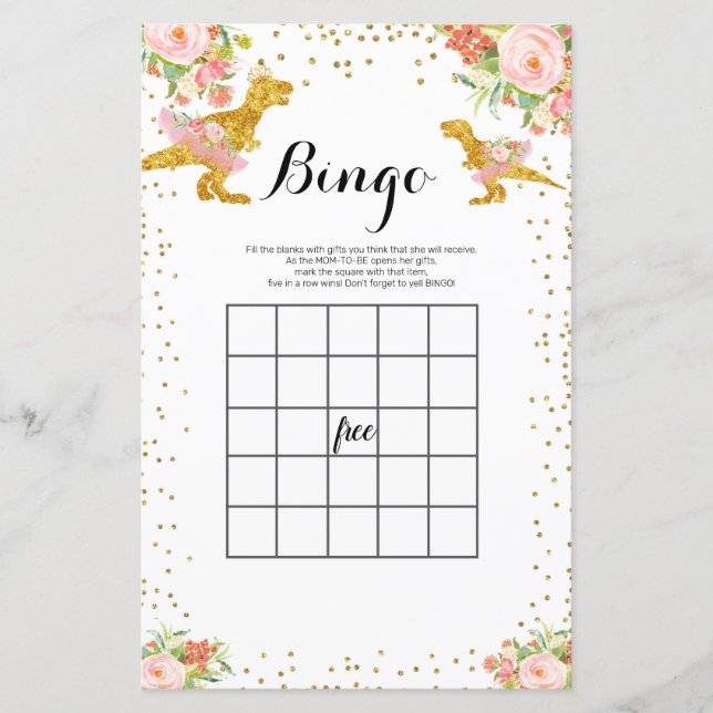 Rosa und Gold Dino Wasserfarbenspiel Bingo (Vorderseite)