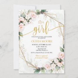 Rosa und Gold Eine Girl-Blumen-Baby-Dusche Einladung