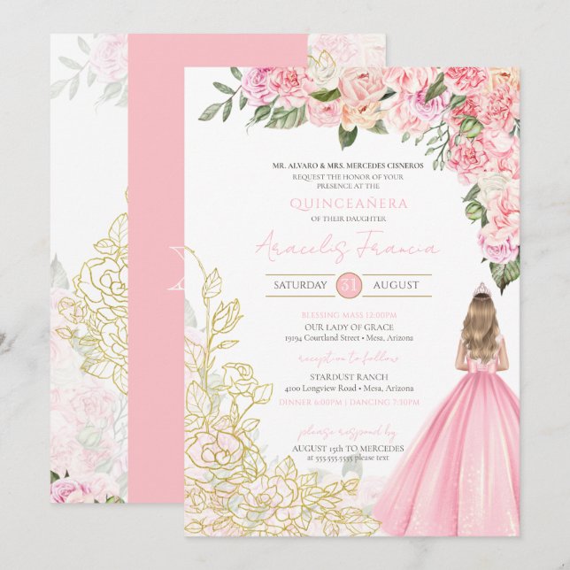 Rosa und Gold Elegante Girly Quinceanera Einladung (Vorne/Hinten)