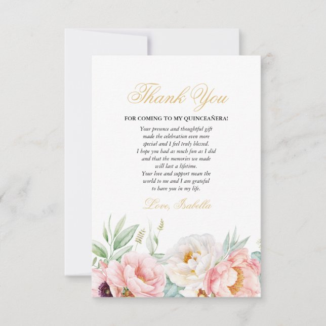 Rosa und Gold Elegante Quinceñera Dankeskarte (Vorderseite)