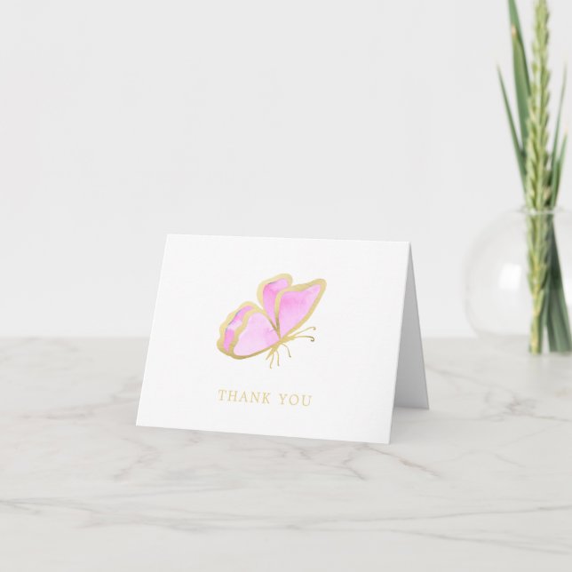 Rosa und Gold Eleganter Schmetterling Dankeskarte (Vorderseite)