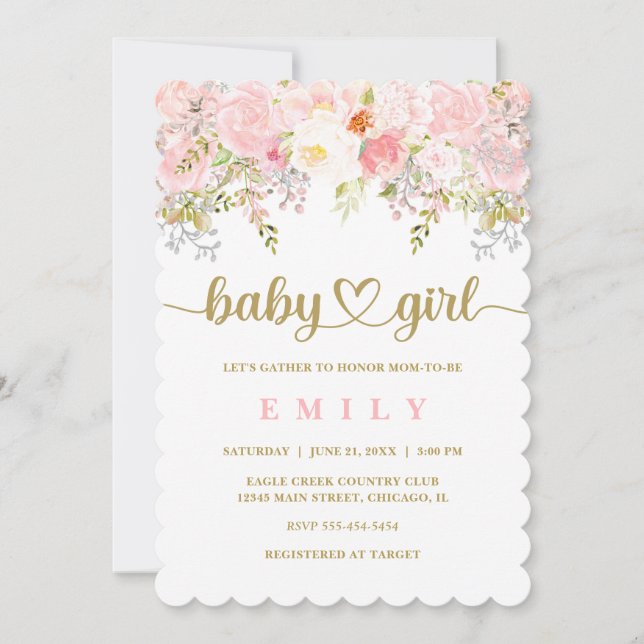 Rosa und Gold Floral Baby Dusche Einladung Girl (Vorderseite)